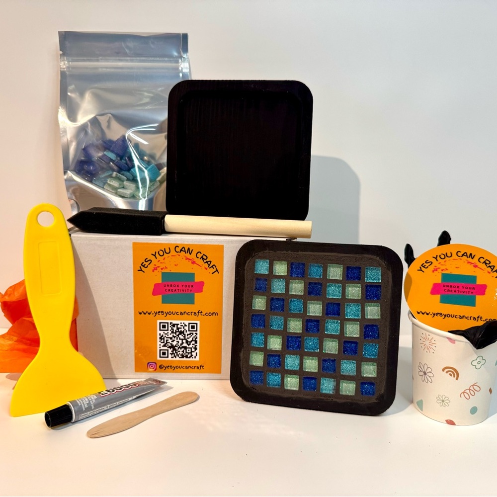 DIY Craft Kit- Mosaic Tile Coaster Making Kit- Blue Tiles